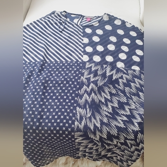 VINCE CAMUTO Women Long Chiffon Gown Top, Polkadot Striped Blue Patterned Top🌴 - Picture 5 of 5